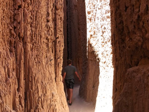 A person walking through a narrow canyon with tall, textured rock walls illuminated by sunlight.