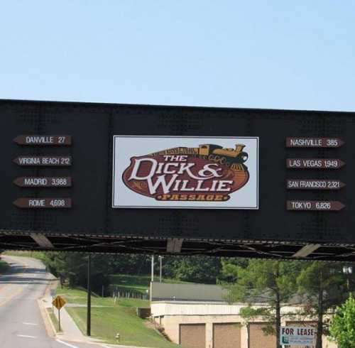 Sign for the Dick & Willie Passage with distance markers to various cities, set against a clear blue sky.