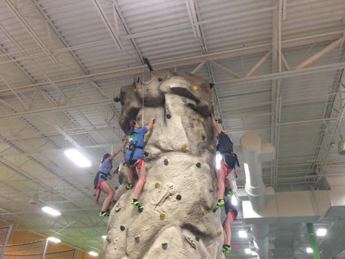 Two climbers ascend a tall indoor rock wall, while another climber is near the top, all in a well-lit gym.