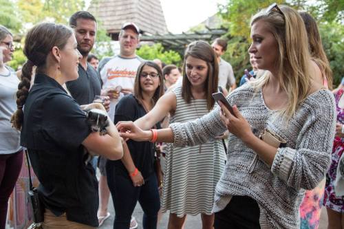 A crowd gathers outdoors as a woman holds a small animal, while another woman takes a photo with her phone.