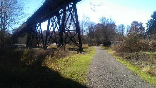 A gravel path winds through greenery beneath a tall railway trestle on a sunny day.