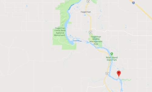 Map showing Hagerman Fossil Beds National Monument and nearby Ritter Island State Park, with a marked location.