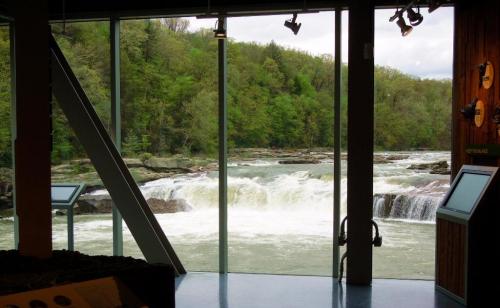 View of a river with a waterfall, framed by large glass windows and surrounded by lush green trees.