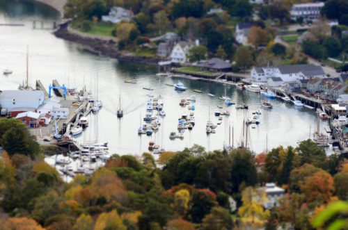 A scenic harbor filled with boats, surrounded by colorful autumn trees and quaint buildings along the shore.
