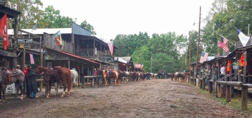 A rustic street lined with horses and wooden buildings, featuring people and flags, set in a green, wooded area.