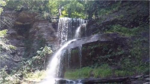 A serene waterfall cascading down rocky cliffs, surrounded by lush greenery and trees.