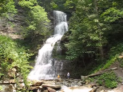 A serene waterfall cascades down rocky cliffs, surrounded by lush green trees and a peaceful forest setting.