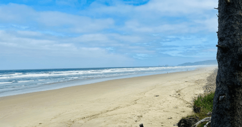 A serene beach scene with gentle waves, sandy shore, and a cloudy blue sky in the background.