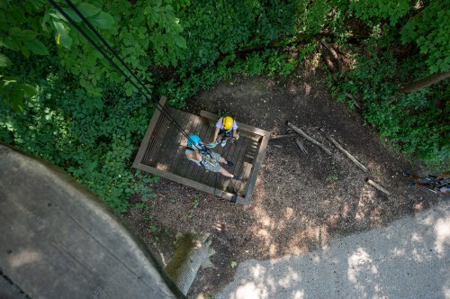 Aerial view of a person preparing for a zip line on a wooden platform surrounded by lush green trees.