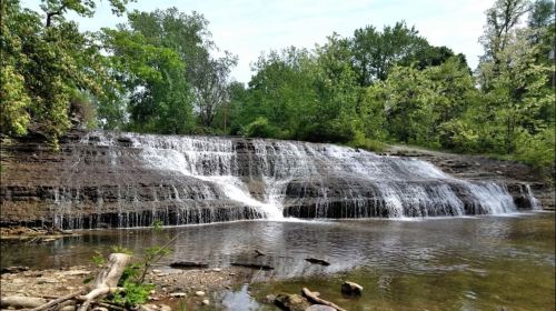 A serene waterfall cascading over rocky ledges, surrounded by lush greenery and a calm river below.