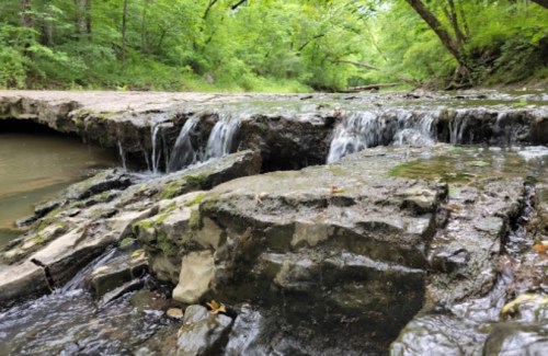 A serene stream flows over rocky terrain, surrounded by lush green trees in a peaceful natural setting.