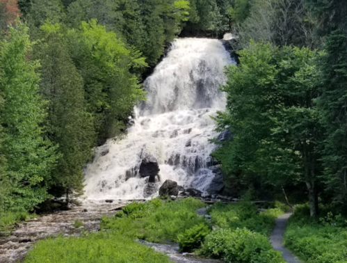 A cascading waterfall surrounded by lush green trees and a winding path along the riverbank.