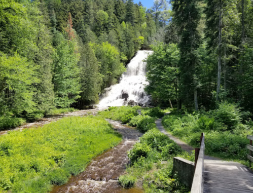 A scenic view of a waterfall surrounded by lush green trees and a winding path along a river.