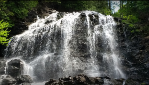 A cascading waterfall flows over dark rocks, surrounded by lush green trees and a bright blue sky.