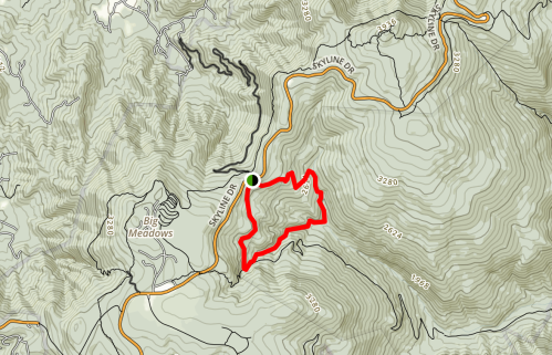 Map showing a hiking trail outlined in red, with contour lines and labels for Skyline Drive and surrounding elevations.