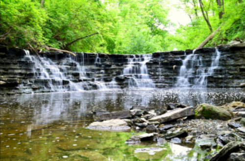 A serene waterfall cascading over rocky ledges into a calm pool, surrounded by lush green trees.
