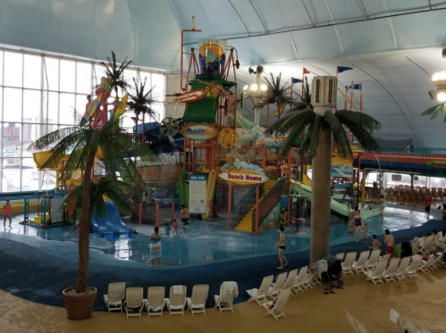Indoor water park featuring slides, a play structure, palm trees, and visitors enjoying the water.