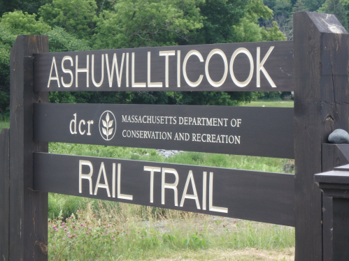 Sign for Ashuwillticook Rail Trail, managed by the Massachusetts Department of Conservation and Recreation.