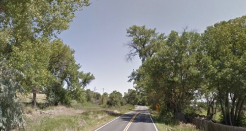 A quiet rural road lined with trees under a clear blue sky.