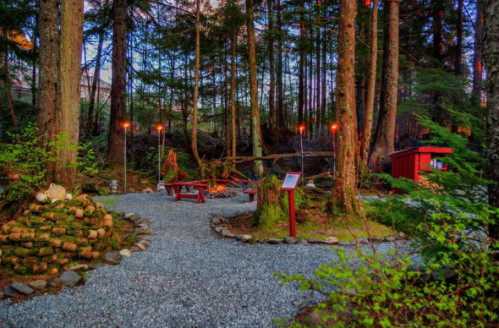 A serene forest path with gravel, surrounded by trees, torches, and a red shed in the background.