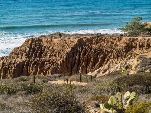 A coastal landscape featuring rugged cliffs, ocean waves, and lush vegetation under a clear blue sky.