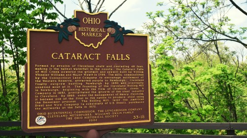 Historical marker about Cataract Falls in Ohio, detailing its formation and significance in local history.