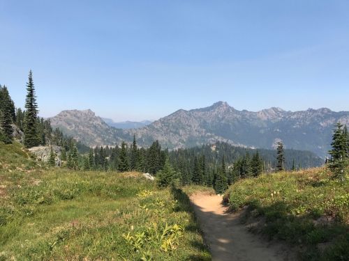 A scenic mountain landscape with a dirt path, lush greenery, and distant peaks under a clear blue sky.