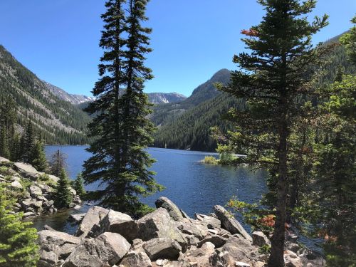 A serene lake surrounded by mountains and evergreen trees under a clear blue sky. Rocky shoreline in the foreground.