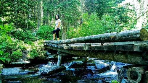 A person stands on a wooden bridge over a stream, surrounded by lush green trees and nature.