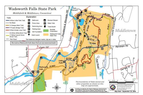 Map of Wadsworth Falls State Park in Connecticut, showing trails, parking, and park features.