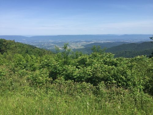 A panoramic view of a lush green valley surrounded by mountains under a clear blue sky.