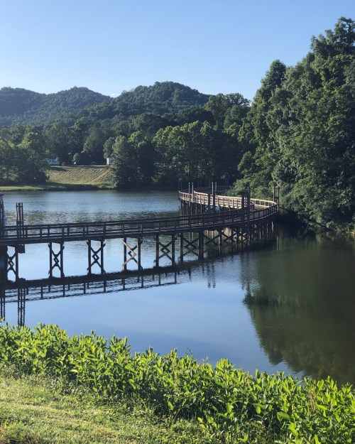 A serene lake scene with a wooden dock, surrounded by lush greenery and mountains under a clear blue sky.