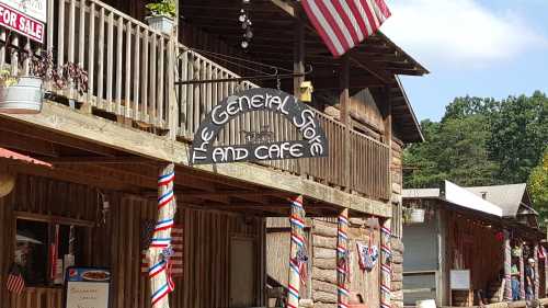 A rustic general store and café with American flags and festive decorations in a small town setting.