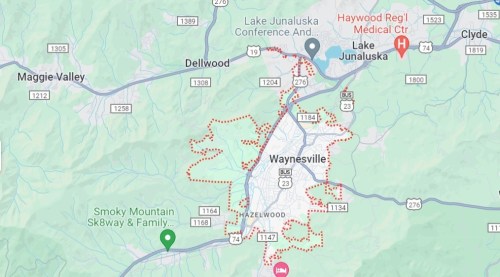 Map showing Waynesville, North Carolina, with surrounding areas including Lake Junaluska and Maggie Valley.