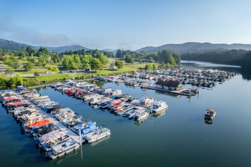Aerial view of a marina with numerous boats docked, surrounded by green trees and mountains under a clear blue sky.
