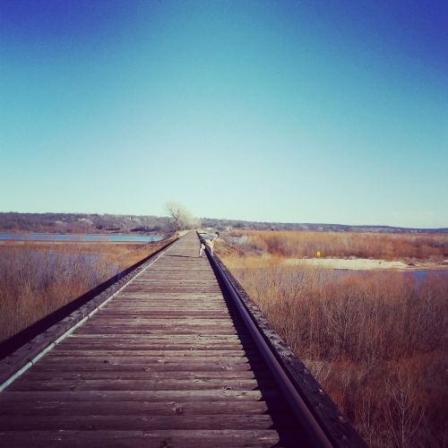 A wooden railway bridge stretches over a calm river, surrounded by trees and a clear blue sky.