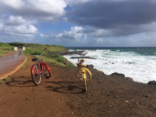 Two bicycles, one red and one yellow, parked by a rocky coastline with waves crashing against the shore under a cloudy sky.