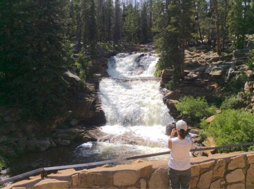 A person stands by a stone railing, taking a photo of a cascading waterfall surrounded by trees.