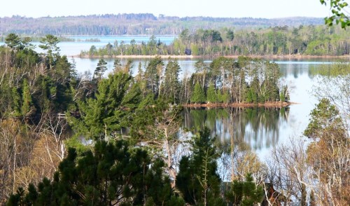 A serene landscape featuring a calm lake surrounded by lush greenery and distant hills under a clear sky.
