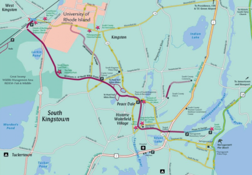 Map of the University of Rhode Island area, showing roads, landmarks, and nearby towns like Kingston and South Kingstown.