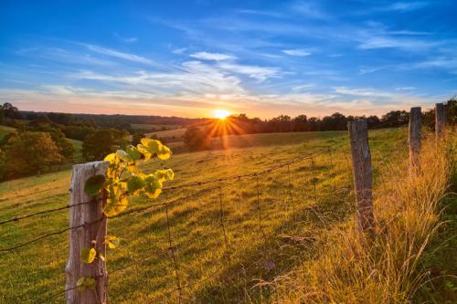 A sunset over a grassy field, with a wooden fence and vibrant sky filled with clouds.