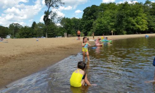 Children playing at a sandy beach by a calm water, with trees and blue sky in the background.