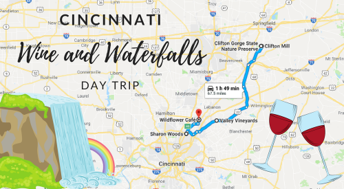 Map showing a day trip from Cincinnati to wine and waterfalls, featuring a waterfall, rainbow, and wine glasses.