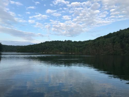 A serene lake surrounded by lush green trees under a partly cloudy sky. Reflections shimmer on the water's surface.