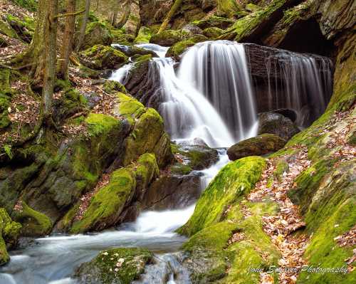 A serene waterfall cascades over moss-covered rocks in a lush, green forest setting.