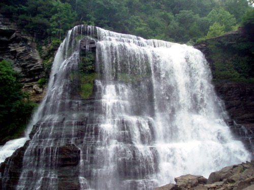 A cascading waterfall flows over rocky cliffs, surrounded by lush green trees and foliage.