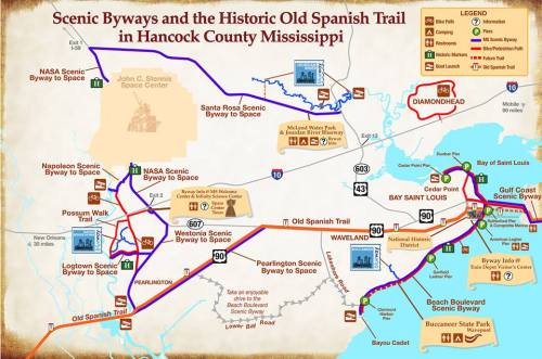 Map of scenic byways and the historic Old Spanish Trail in Hancock County, Mississippi, highlighting routes and landmarks.