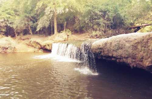 A serene waterfall cascading over a rocky ledge into a calm, reflective pool surrounded by lush greenery.