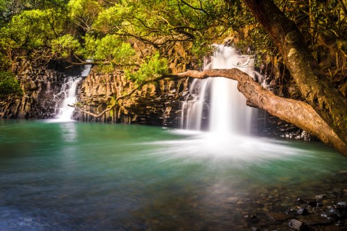 A serene waterfall cascades into a turquoise pool, surrounded by lush greenery and rocky terrain.