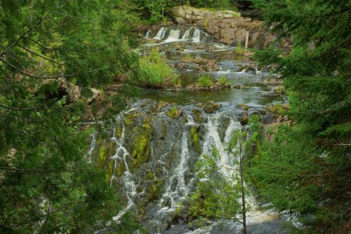 A serene waterfall cascades through lush greenery, surrounded by trees and rocky terrain.